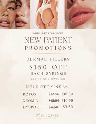 First Time Patient Promotions - First time patients of Elegance Aesthetics Med Spa save big on their first visit here at our Roland Park & Baltimore med spa! $150 off each and any filler we offer, or get Botox & Xeomin for $10.50/unit & Dysport for $3.50/unit.