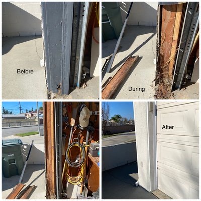 Termite damaged wood and wood repair. - Termite infested garage door jamb. We can treat and repair the termite damaged wood on your property. Give us a call