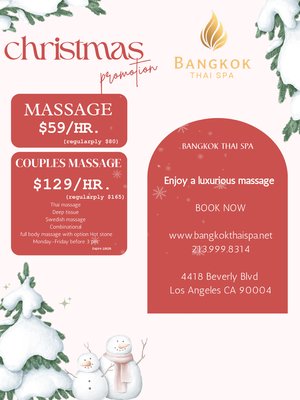 Christmas promotion 
Monday-Friday before 3 pm. - Early Bird Massage Special! 
Celebrate Christmas’ Day in Pure Bliss at Bangkok Thai Spa
Start your day the relaxing way! Book your massage appointment before 3 pm. 
and enjoy 20% off service. 
Whether it's a quick tension release or a full-body unwind, our early bird hours are the perfect time to treat yourself.
Offer valid Monday-Friday, 9.30 am - 3 pm. 

Spaces fill quickly-book now and rise refresh