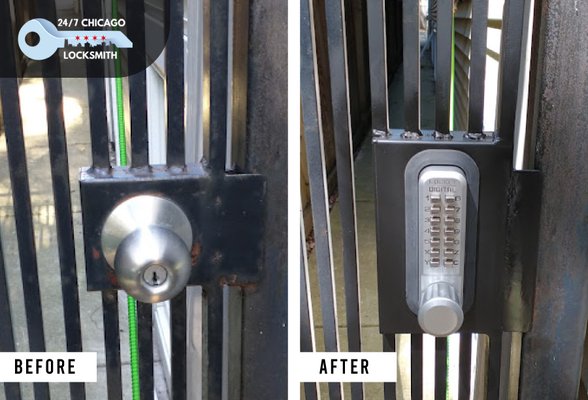 Metal gate keypad lock install - In this project we installed a keyless keypad lock on a front building metal gate. 
As well as 3 mail boxes installed on front building fence.