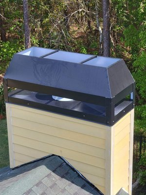 Black Aluminum windshield - There chase cover was leaking water down in flue pipe due to no slant/bend in metal which causes water to puddle on top and leak through old rusted screws. 
We removed old and installed this beauty.