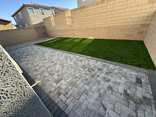 Elevate your landscape - Black/Stardust holland Pavers and Power 83 turf from Festival Turf also installed 1/2inch Dark star gravel with new irrigation system and a lemon tree Elevate your landscape - Black/Stardust holland Pavers and Power 83 turf from Festival Turf also installed 1/2inch Dark star gravel with new irrigation system and a lemon tree