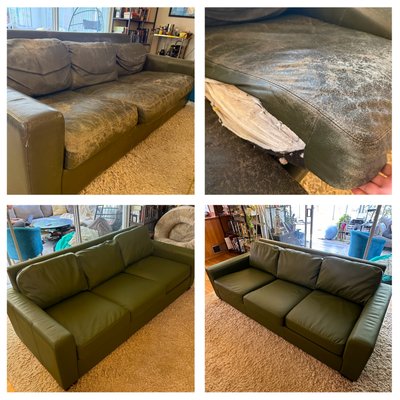 Leather Sofa Restoration & Cushion Leather Replacement - This sofa had severely worn and peeling leather on the seat cushions, including exposed foam in damaged areas.
We replaced the leather on the cushions, matched the original color, and completed full dyeing of the entire sofa for a uniform finish.
The final result restored both the appearance and usability of the sofa. Leather Sofa Restoration & Cushion Leather Replacement - This sofa had severely worn and peeling leather on the seat cushions, including exposed foam in damaged areas.
We replaced the leather on the cushions, matched the original color, and completed full dyeing of the entire sofa for a uniform finish.
The final result restored both the appearance and usability of the sofa.