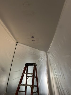 Ceiling drywall patching and painting - Ceiling drywall and texture job after installation of recessed ceiling lights. Ceiling drywall patching and painting - Ceiling drywall and texture job after installation of recessed ceiling lights.