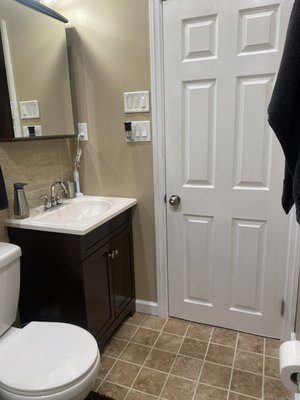 Bathroom Remodel Project - This remodel was of an outdated bathroom. Customer decided to keep the tub to save on costs. Shower and wet wall were tiled along with floor. Vanity was refinished and exhaust fan was installed along with new lighting. Bathroom Remodel Project - This remodel was of an outdated bathroom. Customer decided to keep the tub to save on costs. Shower and wet wall were tiled along with floor. Vanity was refinished and exhaust fan was installed along with new lighting.