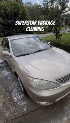Superstar package cleaning - We begin with pulling floor mats out and using a tornado blaster to pull up crumbs and dirt then we spray carpet cleaning to create a lubricant to pull up all dirt with the vacuum after that we wipe down dash inside of doors put down leather protection and trim restore then wipe with microfiber towels then we start with the presoak to pull up dirt to prevent scratching after that we rinse soap off then soap the entire vehicle and start with wheels then pressure wash them off after that same process to the body of car then we use certain microfiber towels to hand dry the vehicle off to prevent scratching and wet spots