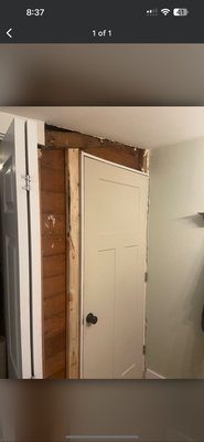 Water damage to drywall from leakage. - I was brought over to to install, mud/tape, and prime drywall installed.