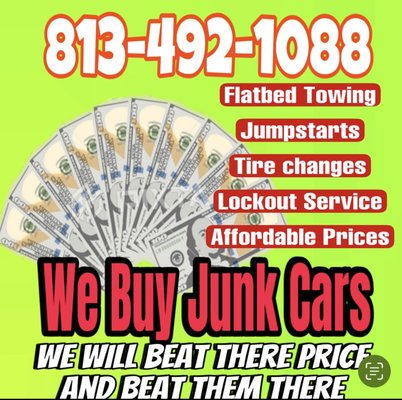 Junk car removal - Top$$$ for junk cars
24 hour flatbed towing , jumpstarts , tire change, lockout service , fuel deliveries Junk car removal - Top$$$ for junk cars
24 hour flatbed towing , jumpstarts , tire change, lockout service , fuel deliveries