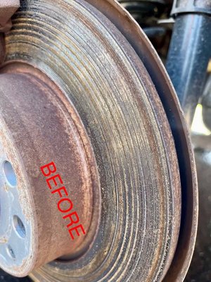 AUGUST BREAK SALE!! $100 OFF!! When you get 4 wheel break service call before Aug. 15th and get a free $80 break flush - This was a brake service on a customers car, when customer pulled up I instantly heard the scraping sound of needing new rotors, So I learned this from my grandfather, never top off break fluid.. you fill when you put new pads on as they wear down takes more fluid to compress piston so when it’s on low they’ve worn down enough it’s time to change breaks