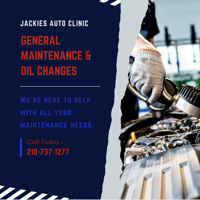 General Maintenance & Oil Changes - Keep your car running smoothly and safely with our trusted general maintenance services. Whether you need an oil change, filter replacement, fluid checks, or a seasonal inspection, our team keeps your vehicle in top shape.
Services Include:
🔩 Oil and filter changes
🚗 Fluid top-offs and checks
🔩 Wiper blade and filter replacements
🚗 Tire rotation and air pressure check
🔩 Multi-point inspection
Why Choose Us? We prioritize honest recommendations and never upsell what you don’t need. Our friendly team works efficiently and treats you (and your car) like family, ensuring quality and reliability every time.
✔️ Ready for peace of mind? Book your next oil change or vehicle checkup with Jackie’s Auto Clinic today! General Maintenance & Oil Changes - Keep your car running smoothly and safely with our trusted general maintenance services. Whether you need an oil change, filter replacement, fluid checks, or a seasonal inspection, our team keeps your vehicle in top shape.
Services Include:
🔩 Oil and filter changes
🚗 Fluid top-offs and checks
🔩 Wiper blade and filter replacements
🚗 Tire rotation and air pressure check
🔩 Multi-point inspection
Why Choose Us? We prioritize honest recommendations and never upsell what you don’t need. Our friendly team works efficiently and treats you (and your car) like family, ensuring quality and reliability every time.
✔️ Ready for peace of mind? Book your next oil change or vehicle checkup with Jackie’s Auto Clinic today!
