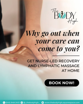 Expert Post-Op care right to your Doorstep - Why go out when your care can come to you?

Experience the convenience and comfort of nurse led recovery, IV Hydration Therapy & Lymphatic Massage in the privacy of your own home. We bring expert post-op care right to your doorstep because your healing deserves personalized attention without the hassle.

Schedule your in-home care today and recover the way you deserve.

📅 Book Here: https://TheBodyHigh.as.me/
📞 Call Us: 540-848-3413
👉 Follow Us: @_thebodyhigh_

#AtHomeCare #PostOpRecovery #LymphaticMassage
#NurseLedCare #HealingAtHome #TheBodyHigh
Edited · 2w