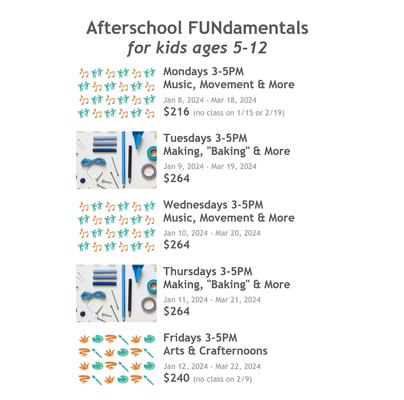 Aftercare FUNdamentals (ages 5-12) - Arts & Crafternoons - After a taxing week, kids just wanna have FUN and release their inner artists! Ms. Risa and her creative little friends will focus their Friday fun on creating art out of everyday objects (and attempts to recreate art techniques seen in TikTok videos!!!) in a judgment-free and light-hearted environment! Aftercare FUNdamentals (ages 5-12) - Arts & Crafternoons - After a taxing week, kids just wanna have FUN and release their inner artists! Ms. Risa and her creative little friends will focus their Friday fun on creating art out of everyday objects (and attempts to recreate art techniques seen in TikTok videos!!!) in a judgment-free and light-hearted environment!