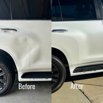 Extreme Large Paintless Dent Improvement Repair - This new 2022 Lexus GS460 had some major damage.  We advised the customer, due to the damage around the edges, an auto body shop would be able to fix the dent 100%; however, our customer did not want to pay the high cost of a traditional body shop or leave the vehicle there for days. We also advised we do not paint so the missing paint areas would not be repaired.  Our customer just wanted an improvement repair and wasn't worried about the missing paint.  We were very excited with the results and so was our customer!