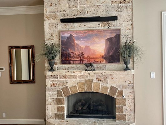 Samsung Frame TV and Sonos Arc Installation - Installation of 55” Samsung Frame TV and Sonos Arc Soundbar above customer’s master’s bedroom fireplace
