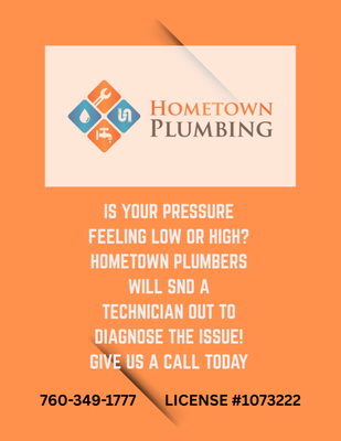 Pressure Regulator - Noticing low or high water pressure when washing dishes or taking a shower? 🚿🍽️ You might need a new pressure regulator! Hometown Plumbing is offering FREE pressure diagnostics — we’ll come out, check it out, and get it fixed. 💧 Call us today to get scheduled! 📞 760-349-1777 #WaterPressureFix #HometownPlumbing #FreeDiagnostics # Pressure Regulator - Noticing low or high water pressure when washing dishes or taking a shower? 🚿🍽️ You might need a new pressure regulator! Hometown Plumbing is offering FREE pressure diagnostics — we’ll come out, check it out, and get it fixed. 💧 Call us today to get scheduled! 📞 760-349-1777 #WaterPressureFix #HometownPlumbing #FreeDiagnostics #