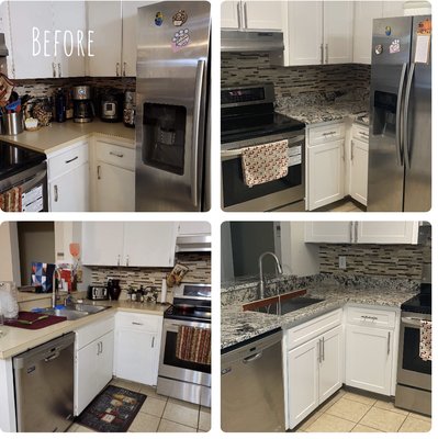 Athena J..Kitchen reface and countertop replacement 2021 - This remodel was done on an old kitchen that was in bad shape the rest of the house has been updated so the kitchen stuck out like a sore thumb,The exposed hinges were removed and Blum soft clothes and just were added Athena J..Kitchen reface and countertop replacement 2021 - This remodel was done on an old kitchen that was in bad shape the rest of the house has been updated so the kitchen stuck out like a sore thumb,The exposed hinges were removed and Blum soft clothes and just were added