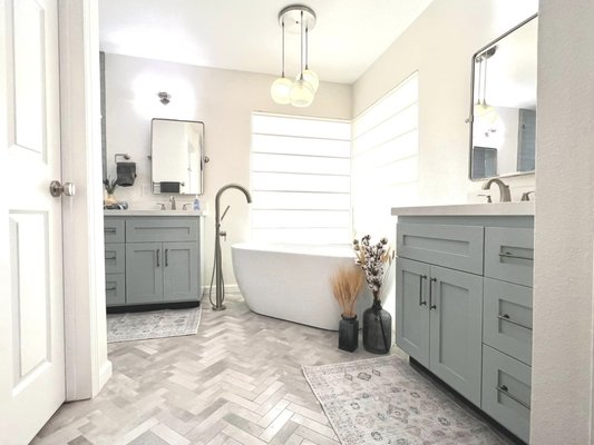 Bathroom Remodel - With the help of my fantastic interior designer we made this concept come to life. This master bathroom is complete with a tri color herringbone pattern floor tile , custom made his and hers bathroom vanity’s , 2cm countertop quartz stone , ceramic polished subway wall tile with custom neich locations , 1/2” shower glass and the list goes on. This master bathroom screams modern and elegant . If you’re looking for a reliable honest contractor call me today. We specialize in full home remodeling and much more! Bathroom Remodel - With the help of my fantastic interior designer we made this concept come to life. This master bathroom is complete with a tri color herringbone pattern floor tile , custom made his and hers bathroom vanity’s , 2cm countertop quartz stone , ceramic polished subway wall tile with custom neich locations , 1/2” shower glass and the list goes on. This master bathroom screams modern and elegant . If you’re looking for a reliable honest contractor call me today. We specialize in full home remodeling and much more!