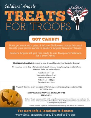 Treats for Troops! - Medi is now a proud drop off location for candy for our troops! Treats for Troops! - Medi is now a proud drop off location for candy for our troops!