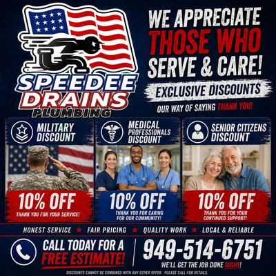Available Discounts (949)514-6751 - At Speedee Drains, we believe in taking care of our customers like family. That’s why we offer exclusive discounts, membership savings, and flexible financing options to make plumbing repairs stress-free and affordable. From small fixes to major repairs — we’ve got you covered with honest pricing and top-notch service you can trust! Available Discounts (949)514-6751 - At Speedee Drains, we believe in taking care of our customers like family. That’s why we offer exclusive discounts, membership savings, and flexible financing options to make plumbing repairs stress-free and affordable. From small fixes to major repairs — we’ve got you covered with honest pricing and top-notch service you can trust!