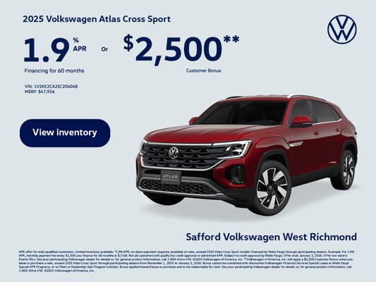 Holiday Volkswagen Specials at Safford Volkswagen West Richmond - Celebrate the season with low-APR and bonus-cash offers on new 2025 Volkswagen SUVs at Safford Volkswagen West Richmond. Explore Atlas Cross Sport, Tiguan, Taos and all-electric ID.4 deals with available 0–1.9% APR and thousands in customer bonus savings for well-qualified buyers. Our Richmond team is ready to help you compare trims, payment options and EV incentives so you can drive home confident. Visit us in West Richmond or shop online to lock in these limited-time Volkswagen offers. Holiday Volkswagen Specials at Safford Volkswagen West Richmond - Celebrate the season with low-APR and bonus-cash offers on new 2025 Volkswagen SUVs at Safford Volkswagen West Richmond. Explore Atlas Cross Sport, Tiguan, Taos and all-electric ID.4 deals with available 0–1.9% APR and thousands in customer bonus savings for well-qualified buyers. Our Richmond team is ready to help you compare trims, payment options and EV incentives so you can drive home confident. Visit us in West Richmond or shop online to lock in these limited-time Volkswagen offers.