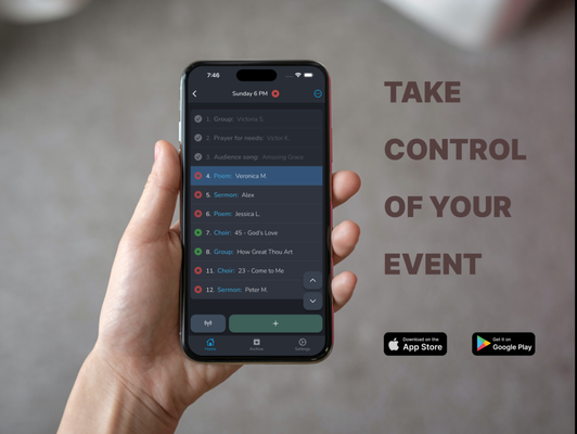 Event Flow Manager - Event Flow Manager - is a productivity app to create and manage flow of any event.
- Registration is required to manage event lists.
- No registration needed to view a program from a shared link.
- Collaborate with users on the same event.
- Archive events to keep past events organized and not cluttering the current and upcoming events.
- Multiple light and dark themes are available to fit your preferences.
- Create shortcuts of frequently used words to speed up the entry of the event items.
- Ability to integrate UDP/TCP commands protocols to show and hide the active program list. Event Flow Manager - Event Flow Manager - is a productivity app to create and manage flow of any event.
- Registration is required to manage event lists.
- No registration needed to view a program from a shared link.
- Collaborate with users on the same event.
- Archive events to keep past events organized and not cluttering the current and upcoming events.
- Multiple light and dark themes are available to fit your preferences.
- Create shortcuts of frequently used words to speed up the entry of the event items.
- Ability to integrate UDP/TCP commands protocols to show and hide the active program list.