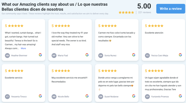 Discounts Available - First Time Customers

Mi Corazon, para darte la bienvenida a la familia de el salon Blessed, quiero darte 2 regalos: un tratamiento capilar de acondicionador profundo (normal mente $20) cuando te haces cual quier servicio de pelo y un tratamiento de parfina(normalmente $12) cuando usas esmalte de gel. 

de bienbenida solo tienes que pagar $5 para el lavado de tu pelo(cuando tienes el pelo en el hombro). Que Dios te bendiga mucho y aqui te esperamos con mucho cariño.

My dear, to welcome you to the Blessed Salon family, I want to give you 2 gifts: a deep conditioning hair treatment (normally $20) with any hair service and a paraffin treatment (normally $12) with any gel polish service. 
As a welcome gift, you only have to pay $10 for your hair wash(cost is a welcome price). May God bless you, and we lovingly await your next visit.
