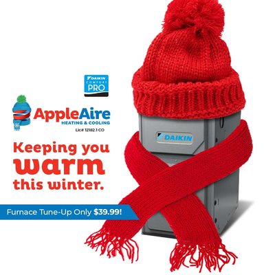 Keeping you WARM this winter!  $39.99 Furnace Tune-Up (Regularly $125) - Limited to forced air furnace systems. Boilers and other heating systems do not qualify. Must present coupon at time of service. Offers cannot be combined. Call Apple Aire Heating & Cooling for details.