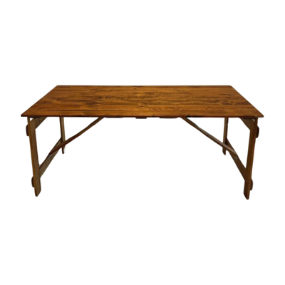 Handmade Folding Farm Tables - Crafted in Brooklyn to match the style and finish of our vintage folding chairs. Each table measures six feet long by 35 inches wide, with optional end leaves to expand seating. Seats six guests spaciously, or up to twelve for a cozier arrangement. Folding design allows for fast setup and easy delivery to any venue or space. Handmade Folding Farm Tables - Crafted in Brooklyn to match the style and finish of our vintage folding chairs. Each table measures six feet long by 35 inches wide, with optional end leaves to expand seating. Seats six guests spaciously, or up to twelve for a cozier arrangement. Folding design allows for fast setup and easy delivery to any venue or space.
