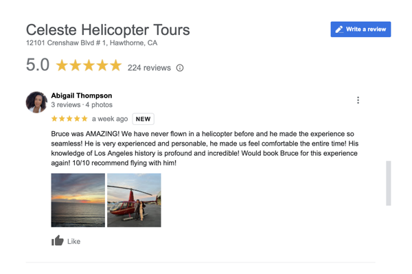 Reviews | References | Testimonials - Thank you for considering Celeste Helicopter Tours for your next excursion. We appreciate your understanding as we continue to grow our Yelp reviews. We believe in transparency so in the meantime checkout what others have said about service elsewhere.
**updated 3/6/24 Reviews | References | Testimonials - Thank you for considering Celeste Helicopter Tours for your next excursion. We appreciate your understanding as we continue to grow our Yelp reviews. We believe in transparency so in the meantime checkout what others have said about service elsewhere.
**updated 3/6/24