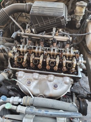 Timing belt service - Timing belt service, includes can, crank, water pump, timing belt tensioner roller, and timing belt. Also replaced oil pan gasket. Replaced distributor o- ring and seals.