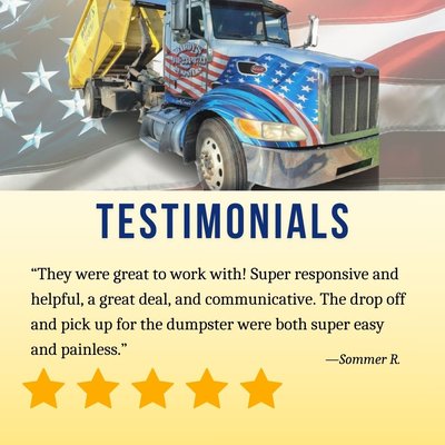 Our Local Testimonials - At Daddy’s Dumpsters, we’ve proudly served Venice, FL, and Sarasota County for over 20 years. Our customers aren’t just clients—they’re neighbors. From home cleanouts to renovation projects, we provide reliable, honest dumpster rentals that help make every project easier and stress-free.
Check out our real customer reviews to see why families and local businesses trust us for their cleanup and renovation needs. When you choose Daddy’s Dumpsters, you’re choosing a family-owned, community-focused dumpster company that delivers on service and reliability every time. Our Local Testimonials - At Daddy’s Dumpsters, we’ve proudly served Venice, FL, and Sarasota County for over 20 years. Our customers aren’t just clients—they’re neighbors. From home cleanouts to renovation projects, we provide reliable, honest dumpster rentals that help make every project easier and stress-free.
Check out our real customer reviews to see why families and local businesses trust us for their cleanup and renovation needs. When you choose Daddy’s Dumpsters, you’re choosing a family-owned, community-focused dumpster company that delivers on service and reliability every time.