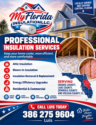 Residential & Commercial Insulation in Florida - My Florida Insulation is your go-to team for residential and commercial insulation services in Central Florida. With 29 years of experience, our certified professionals handle insulation installation, removal, replacement, inspection, and damage restoration for homes and businesses of all sizes. We're insured and committed to delivering quality work at affordable prices. Serving DeLand, Volusia County, Lake County, Clermont, Orlando, and Melbourne, we also offer emergency services when you need help fast. Call My Florida Insulation today for a free estimate! Residential & Commercial Insulation in Florida - My Florida Insulation is your go-to team for residential and commercial insulation services in Central Florida. With 29 years of experience, our certified professionals handle insulation installation, removal, replacement, inspection, and damage restoration for homes and businesses of all sizes. We're insured and committed to delivering quality work at affordable prices. Serving DeLand, Volusia County, Lake County, Clermont, Orlando, and Melbourne, we also offer emergency services when you need help fast. Call My Florida Insulation today for a free estimate!