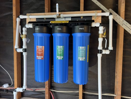 Installation of a whole house three stage water filter - iSpring Whole House Water Filter System, Model WGB32BM, can significantly reduce iron, manganese, chlorine, sediment, taste, and odor from your water supply. Installation of a whole house three stage water filter - iSpring Whole House Water Filter System, Model WGB32BM, can significantly reduce iron, manganese, chlorine, sediment, taste, and odor from your water supply.