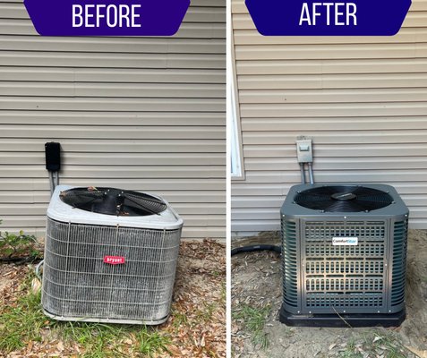 Complete Comfort Star Replacement - Before and after of a complete indoor and outdoor replacement. We installed a new ComfortStar on a new equipment pad, replaced the electrical disconnect, installed a new safety float switch, and upgraded the thermostat. The new unit was carefully leveled to ensure proper operation and long-term reliability. Complete Comfort Star Replacement - Before and after of a complete indoor and outdoor replacement. We installed a new ComfortStar on a new equipment pad, replaced the electrical disconnect, installed a new safety float switch, and upgraded the thermostat. The new unit was carefully leveled to ensure proper operation and long-term reliability.