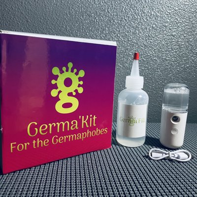 Germa'Kit - Disinfecting in the palm of your hands! Imagine the power to disinfect anything with a press of a button. Now imagine that tool to fit in the palm of your hands and pocket. Clean Swipe Solutions is proud to bring you the GermaCap, El Pasos first ever nano Disinfectant. Equipped with residential and commercial grade EPA approved solution you can now disinfect the every day things you touch at your complete discretion such as doors, gas nozzles, atms, grocery carts, phones, keys, wallets, and steering wheels, the list is never ending.
 
Includes
1  Germa'Cap  portable disinfectant device
1 GermaFill -EPA approved n-list disinfecting solution
1 Charging Cable 

 
 Kills 99.999% of bacteria and viruses
Eliminates odors and allergens
Destroys and inhibits growth of mold & mildew
Meets the EPA’s criteria for use against SARS-CoV-2
Can be filled up to 4 times with a Germa'Fill
Each fill can disinfect up to 36 cubic Ft. 
Sprays continually for for over 90 min
Full charge in 1 Hr.