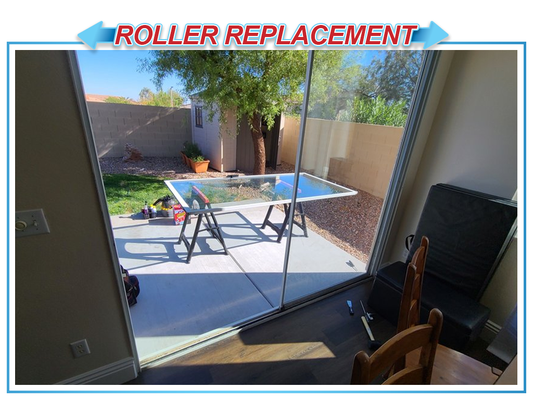 Roller Replacement Service - This roller replacement service was completed in Henderson, NV. The sliding glass door had worn-out bearings and could barely move. We cleaned and polished the track and replaced the bearings with new tandem wheel roller assemblies. The door now glides on a single finger and the owner can enjoy his backyard without the back pain!