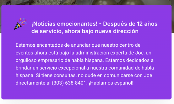 Under New Management - Para consultas, Joe directamente al (303) 638-8401. ¡Hablamos español!