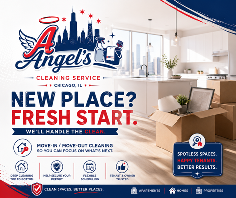 Moving In or Out? - Moving? Angels Cleaning Service is here for all your move-in and move-out cleaning needs in Chicago. We handle every corner—appliances, bathrooms, floors, and more—so your new home is spotless or you leave your old place in perfect condition. We use safe, eco-friendly products and pay close attention to detail. Trust us to make your transition smooth and stress-free. Book your move-in or move-out cleaning with us today!