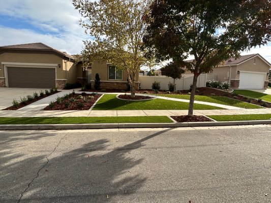 Front Yard Low Water Landscape & Hardscape Renovation - Our customer was looking for a solution to reduce the front yard maintenance, increase the access of walking up to the front door, and improve the front yard curb appeal. We were able to focus on a reduction of maintenance by installing a high quality artificial front lawn, low maintenance/low water plants, and the new drip irrigation system. We achieved greater access to the front door by installing 2 new concrete walkways connecting to the existing sidewalk. Lastly we improved the overall curb appeal by designing the landscape to have left to right balance, even colorful year around plants, and contemporary curvature that draws your eye to each different area of the project. Our customer was truly happy with the outcome and we look forward to providing you with the same quality project soon. Front Yard Low Water Landscape & Hardscape Renovation - Our customer was looking for a solution to reduce the front yard maintenance, increase the access of walking up to the front door, and improve the front yard curb appeal. We were able to focus on a reduction of maintenance by installing a high quality artificial front lawn, low maintenance/low water plants, and the new drip irrigation system. We achieved greater access to the front door by installing 2 new concrete walkways connecting to the existing sidewalk. Lastly we improved the overall curb appeal by designing the landscape to have left to right balance, even colorful year around plants, and contemporary curvature that draws your eye to each different area of the project. Our customer was truly happy with the outcome and we look forward to providing you with the same quality project soon.