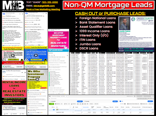 Non-QM Mortgage Leads - As of September 2022, GetMIB.com is generating Non-QM Mortgage Leads for only $10-12 each. Most ads are being run to targeting property investors looking to Cash Out from one of their existing properties in order to buy more. These are the BEST mortgage leads you can get on the marketing right now! Text "Leads" to 503-551-8690 or email me at: steve@getmib.com.