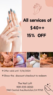 Limited-time discount - All services of $40++
15%OFF
Offer valid until 11/16/2024
Must show this discount checkout to redeem Limited-time discount - All services of $40++
15%OFF
Offer valid until 11/16/2024
Must show this discount checkout to redeem