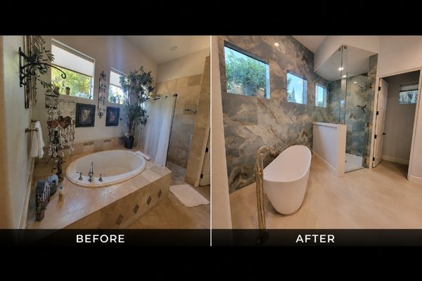 bathroom Remodel - Complete luxury bathroom remodel featuring a custom vanity, freestanding tub, custom glass shower, modern large-format tile installation, updated lighting, and premium finishes throughout. This project completely transformed the space into a clean and modern luxury bathroom design.