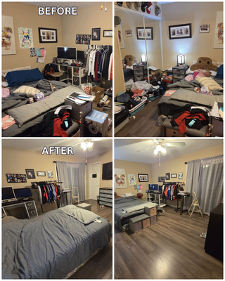 Bedroom Decluttering & Organizing – Sacramento, CA - This bedroom organizing project was completed for a client in Sacramento, CA who needed help reclaiming a cluttered, stressful space.
We began by sorting and decluttering clothing, papers, and miscellaneous items. The layout was reworked to create better flow, visibility, and ease of use. Items were grouped by category, with dedicated zones for everyday wear, seasonal clothing, and accessories.
Using the client's existing furniture and new storage bins, we created a clean, calm bedroom that’s now functional and easy to maintain.
This space went from overwhelming to orderly in just one session—and the client felt an immediate boost in peace and productivity. Bedroom Decluttering & Organizing – Sacramento, CA - This bedroom organizing project was completed for a client in Sacramento, CA who needed help reclaiming a cluttered, stressful space.
We began by sorting and decluttering clothing, papers, and miscellaneous items. The layout was reworked to create better flow, visibility, and ease of use. Items were grouped by category, with dedicated zones for everyday wear, seasonal clothing, and accessories.
Using the client's existing furniture and new storage bins, we created a clean, calm bedroom that’s now functional and easy to maintain.
This space went from overwhelming to orderly in just one session—and the client felt an immediate boost in peace and productivity.