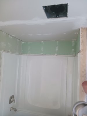 small bathroom hang and tape. - small bathroom remodel. Hung Ceiling, green board, and walls, corner bead, skim coated out existing walls