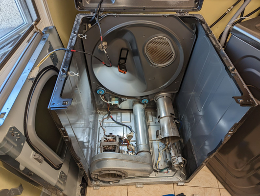 Gas Dryer - Gas dryers work exactly the same as electric dryers except for the heat source. Instead of an electric element requiring 240 vac, they use natural gas or propane if you've had the conversion kit installed. The most common failures are the almost the same as electric dryers when it comes to the support rollers, the idler arm, and belt, but instead of the element failing, it's usually the ignitor, the gas valve, or the solenoids that open and close to control when the flame is on or off. Both have a thermostat and fuse to control how hot it will get. On both types, you need to check the exhaust vent hose periodically to make sure it is not kinked or restricted with lint. This is a fire hazard especially with gas dryers. See the picture of the aftermath of a dryer fire. One other difference is a gas dryer still needs 120 vac to run the controls, blower, valve solenoids, and ignitor. Gas is just for the heat source.