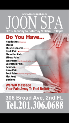 Buy 10 Session of 1 hour body massage for special promo! - Many of our technicians are have over 15 years experience.

We solve your Headaches, Stress, Muscle spasms, Neck Pain, Shoulder Pain, Elbow Pain, Weakness, Low Back Pain, Sciatica, Knee Pain, Foot Pain, Flat Feet, Buniouns and more.

Buy 10 Session of 1 hour body massage for special promo! Call us to learn more today!