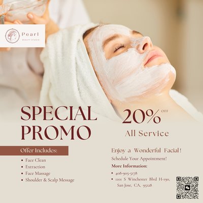20% off for facial treatment. First time for basic facial only $79! - professional hydro-bubble device session.
incudes soft exfoliation ,soothing face massage, extraction and nourishing mask, neck and shoulder relaxation. 20% off for facial treatment. First time for basic facial only $79! - professional hydro-bubble device session.
incudes soft exfoliation ,soothing face massage, extraction and nourishing mask, neck and shoulder relaxation.