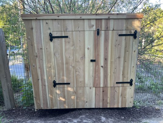 Custom Shed - This custom shed was built to hide two electrical panels, made from cedar so the bugs won’t like it, the slope of the roof matches the angle of the terrain it is located on. The shed is suspended from three posts, built with no floor to allow for maximum air circulation, because one electrical panel has an exhaust fan. Custom Shed - This custom shed was built to hide two electrical panels, made from cedar so the bugs won’t like it, the slope of the roof matches the angle of the terrain it is located on. The shed is suspended from three posts, built with no floor to allow for maximum air circulation, because one electrical panel has an exhaust fan.