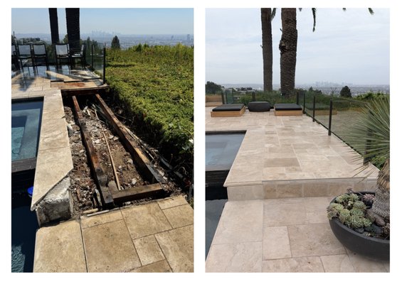 Travertine Pool Deck Restoration - This pool deck frame was rotted out from water damage and lack of waterproofing from previous installers. I ripped out a 150 foot section of the rotted frame, installed new floor joists, tongue and groove subfloor, installed Ditra Uncoupling Membrane, reinstalled the glass railing, and installed new travertine stone. Travertine Pool Deck Restoration - This pool deck frame was rotted out from water damage and lack of waterproofing from previous installers. I ripped out a 150 foot section of the rotted frame, installed new floor joists, tongue and groove subfloor, installed Ditra Uncoupling Membrane, reinstalled the glass railing, and installed new travertine stone.