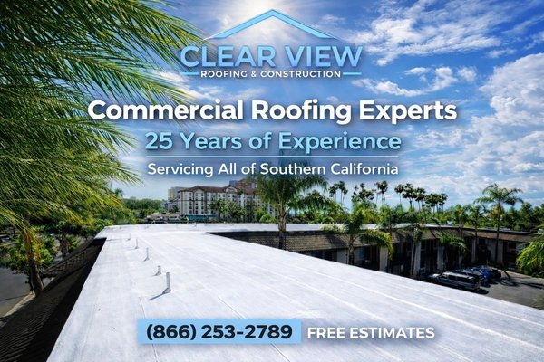 25 Years of Experience - With 25 years of roofing experience, Clear View Roofing & Construction delivers trusted commercial roofing solutions across Southern California. Our team specializes in quality workmanship, durable systems, and reliable service for properties of all sizes. From repairs to full replacements, businesses trust our experience, professionalism, and commitment to long lasting results. 25 Years of Experience - With 25 years of roofing experience, Clear View Roofing & Construction delivers trusted commercial roofing solutions across Southern California. Our team specializes in quality workmanship, durable systems, and reliable service for properties of all sizes. From repairs to full replacements, businesses trust our experience, professionalism, and commitment to long lasting results.